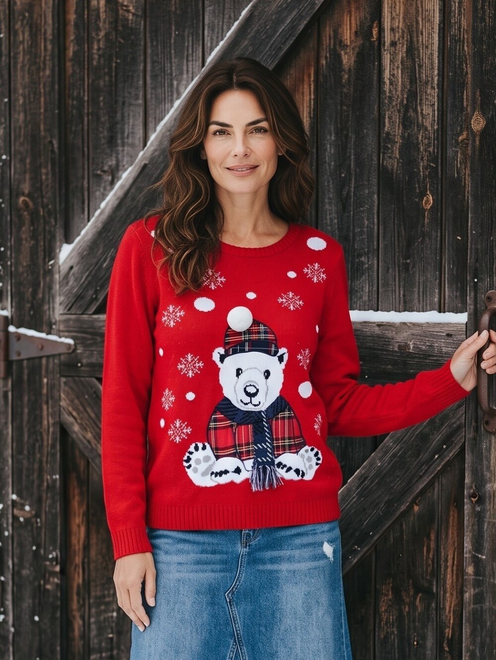 Vintage Red Polar Bear Plaid Crew Sweater - Women